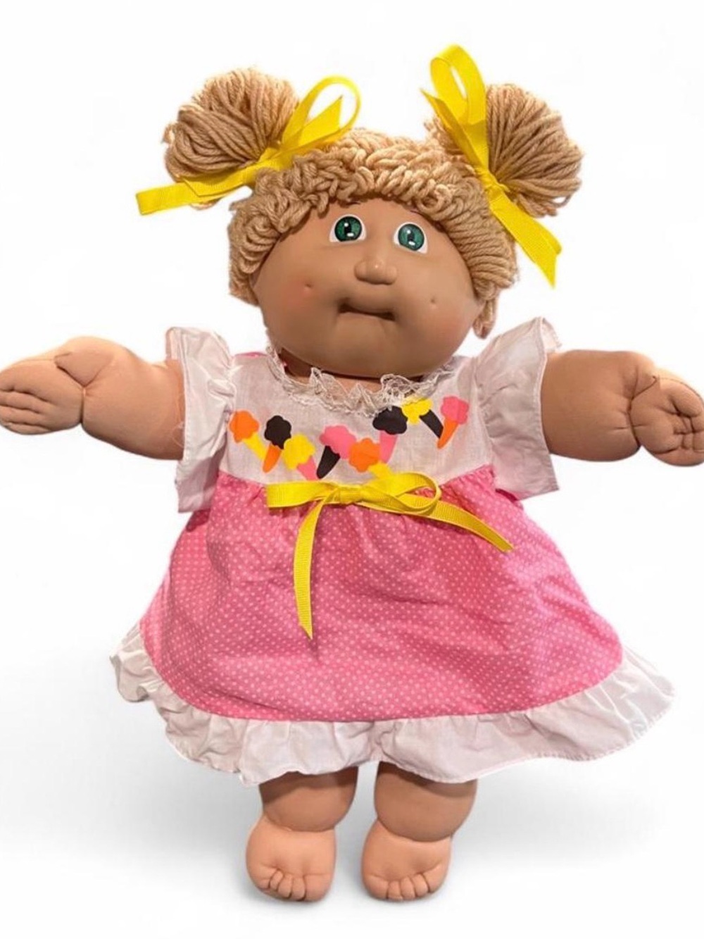 Pink Polka Dot Plush Cabbage Patch Kods Doll with Yellow Hair Bows